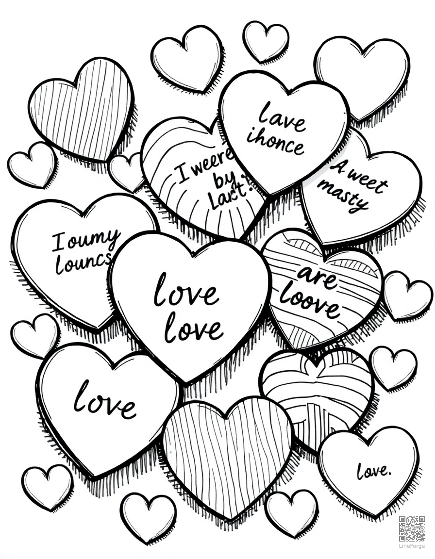 candy hearts with sweet messages coloring page Crosshatch style - free printable