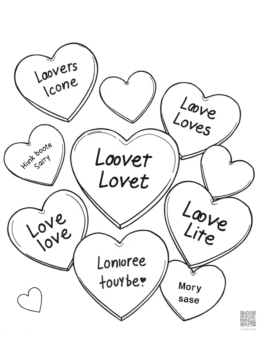 candy hearts with sweet messages coloring page Manga style - free printable
