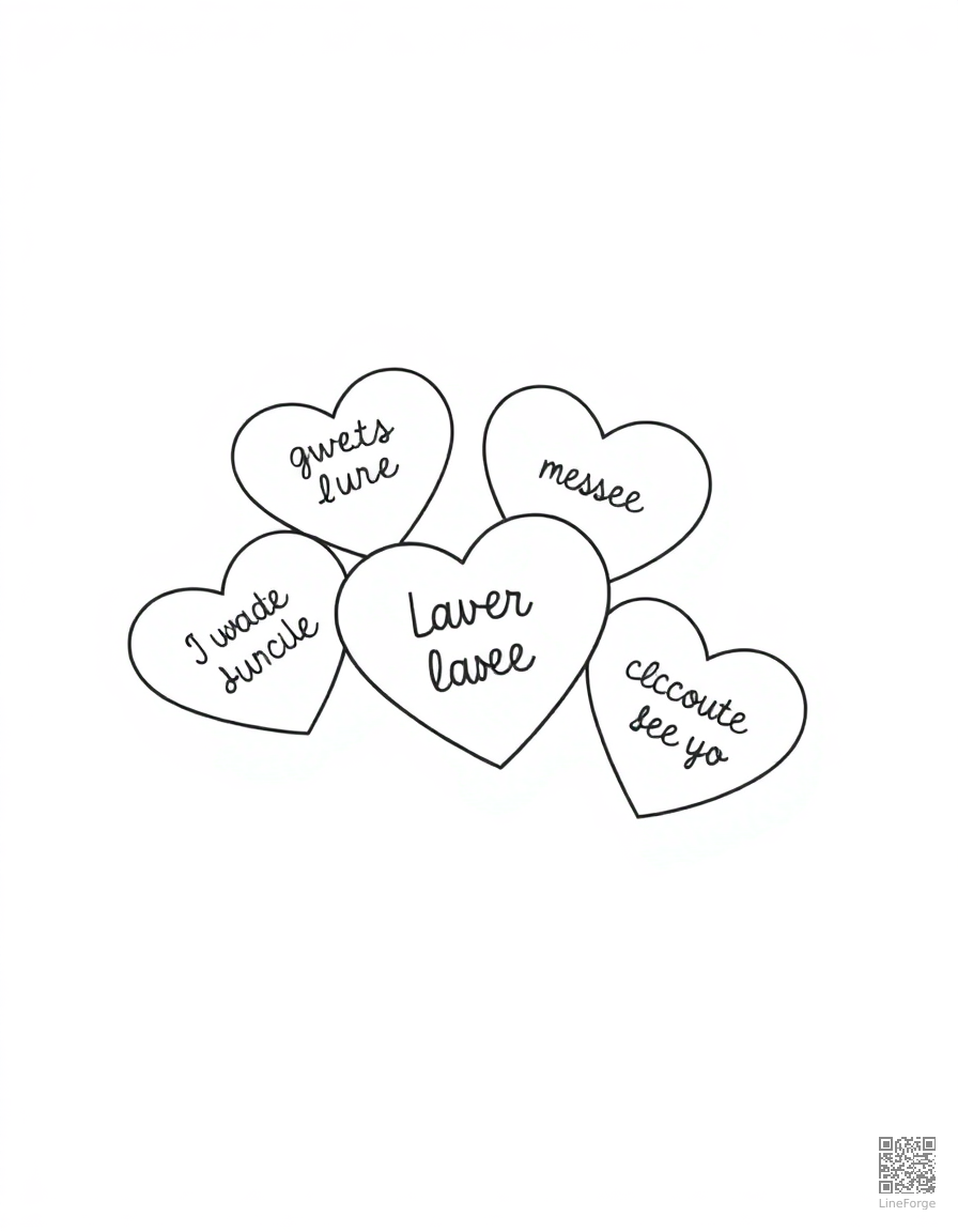 candy hearts with sweet messages coloring page Minimal style - free printable