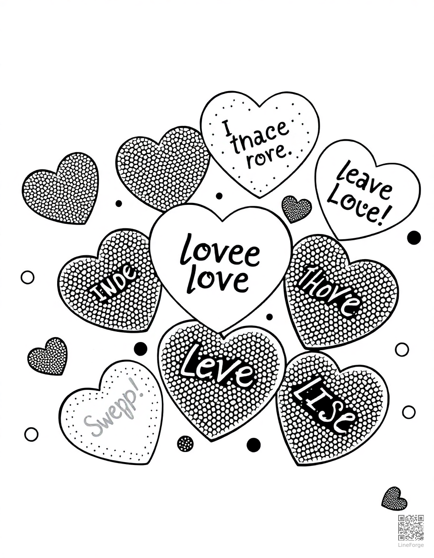 candy hearts with sweet messages coloring page Stipple style - free printable