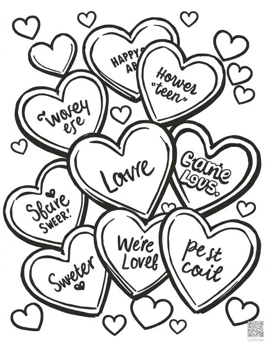 candy hearts with sweet messages coloring page Woodcut style - free printable