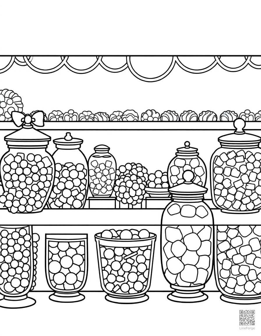 candy shop with jars of colorful sweets coloring page Contour style - free printable