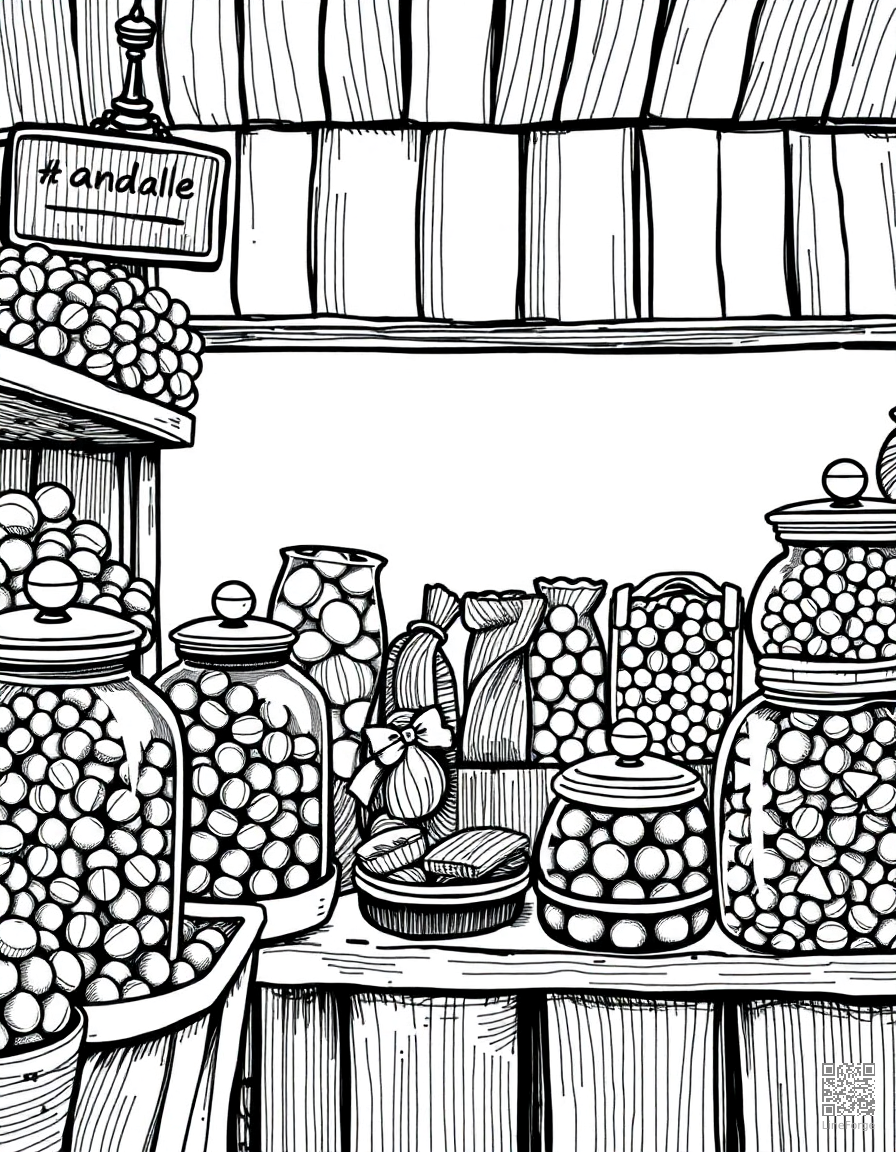 candy shop with jars of colorful sweets coloring page Crosshatch style - free printable