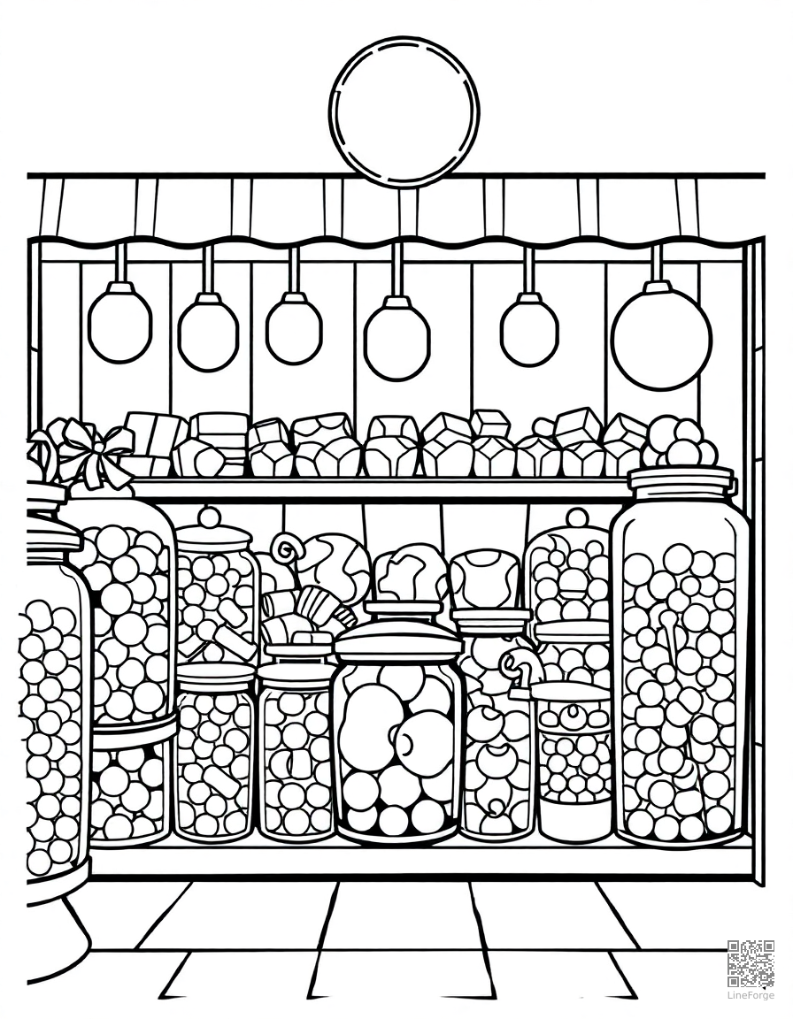 candy shop with jars of colorful sweets coloring page Manga style - free printable