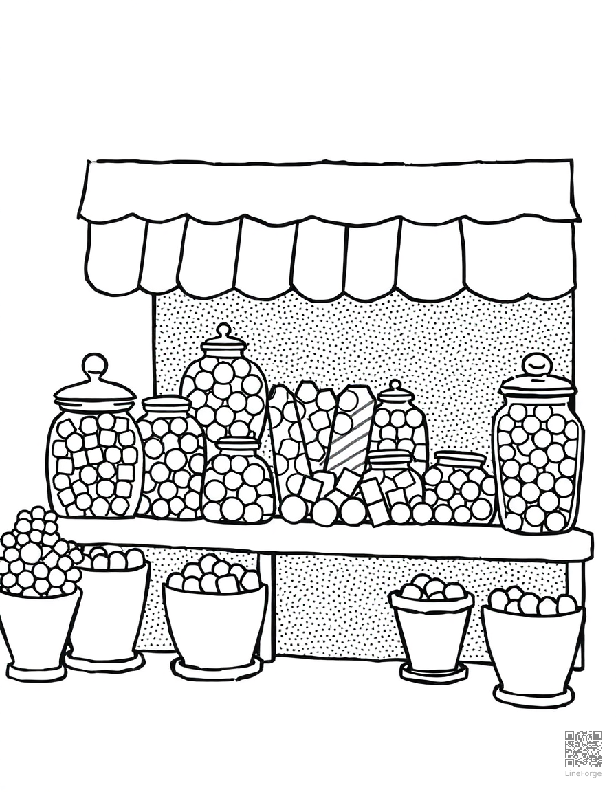 candy shop with jars of colorful sweets coloring page Stipple style - free printable