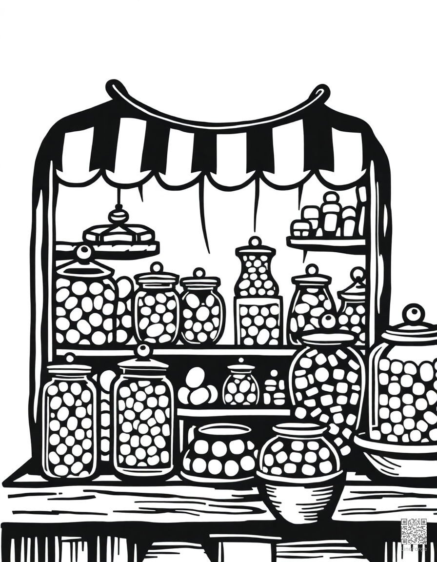 candy shop with jars of colorful sweets coloring page Woodcut style - free printable