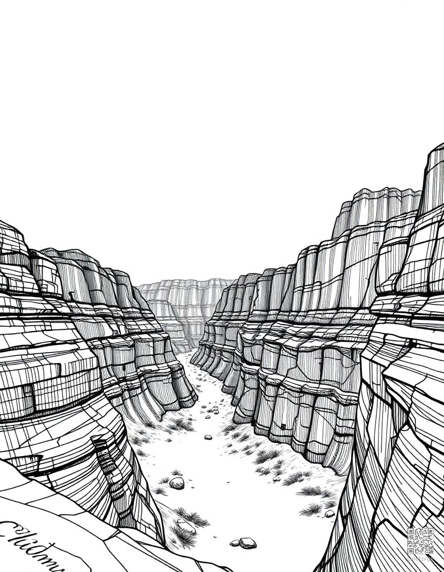 canyon with layered red rock walls coloring page Crosshatch style - free printable