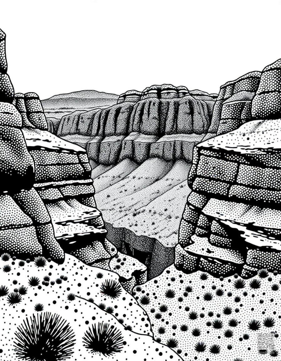canyon with layered red rock walls coloring page Stipple style - free printable