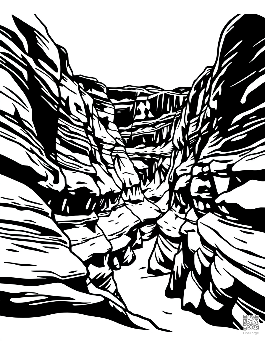 canyon with layered red rock walls coloring page Woodcut style - free printable