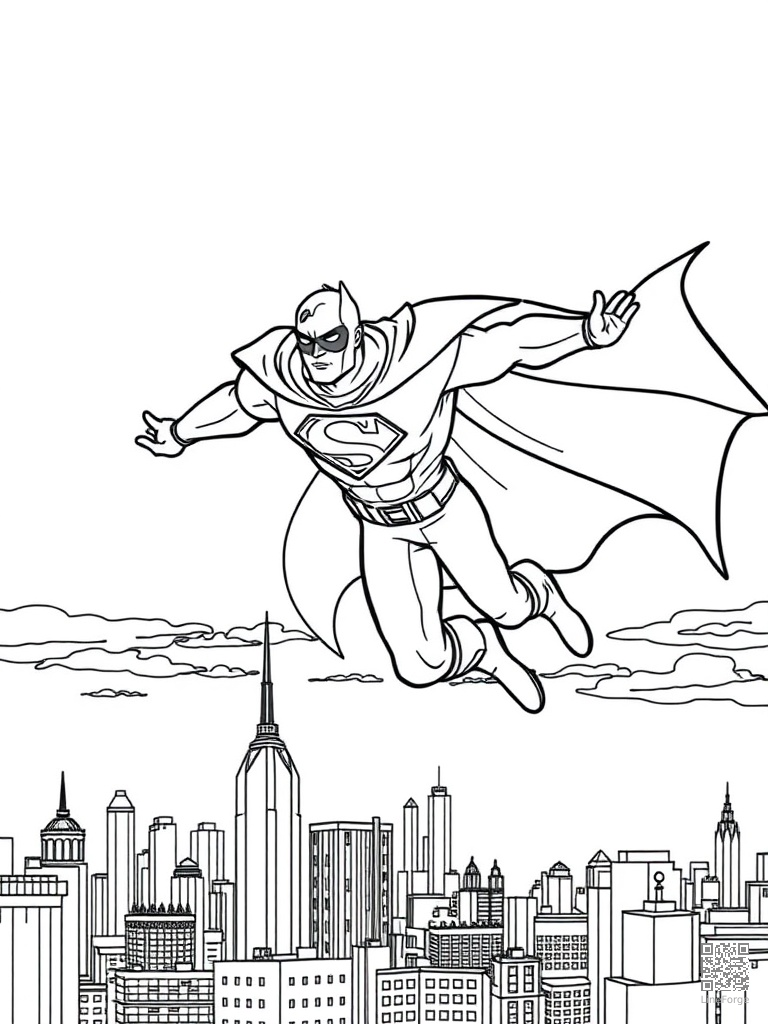 Caped superhero flying over a city skyline at sunset coloring page Contour style - free printable