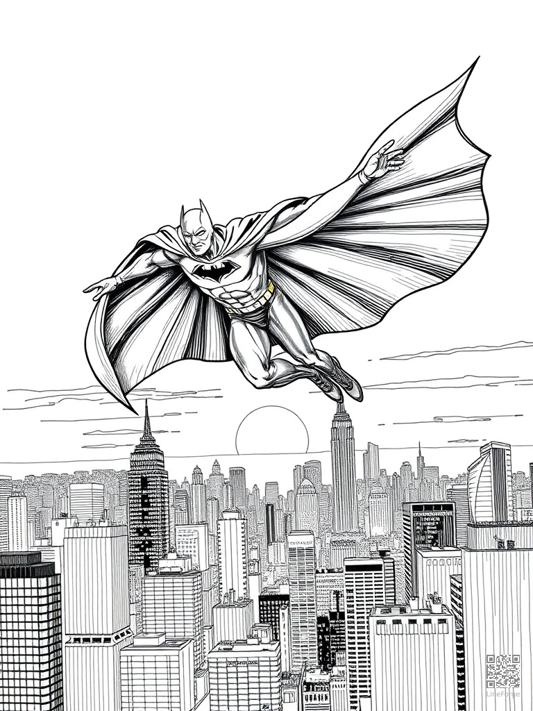 Caped superhero flying over a city skyline at sunset coloring page Crosshatch style - free printable