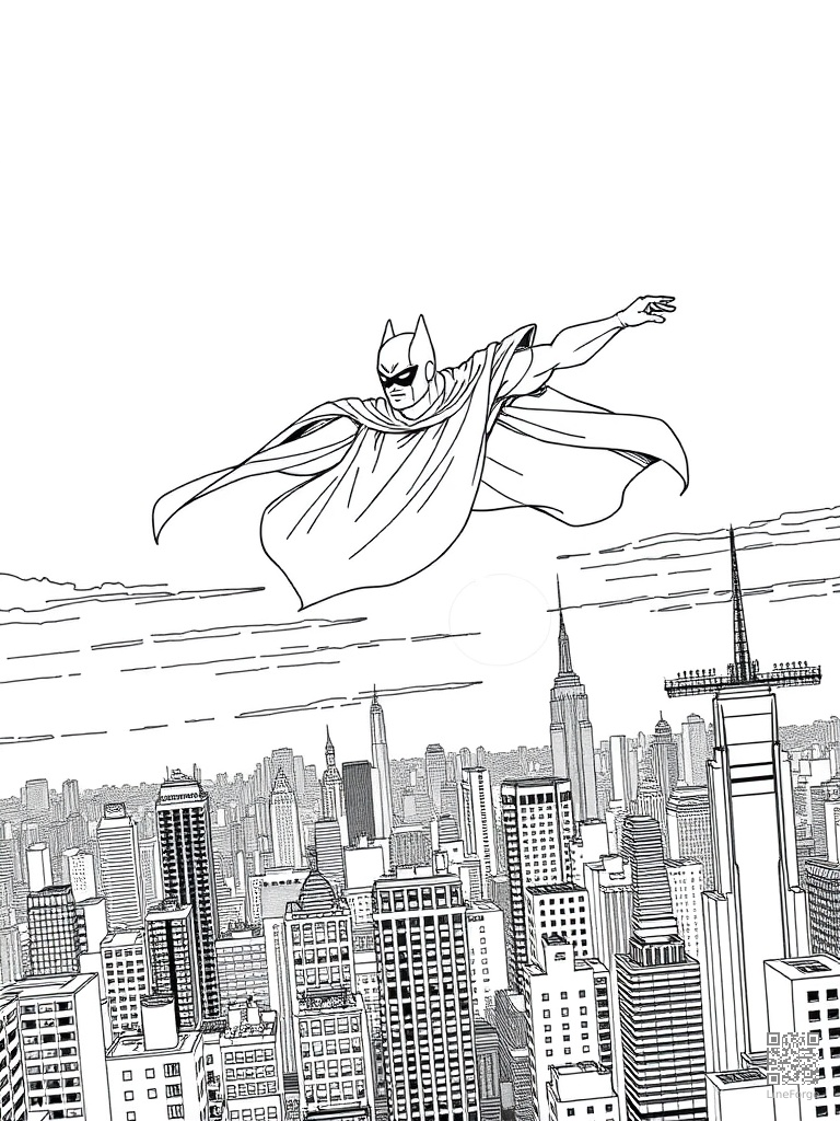 Caped superhero flying over a city skyline at sunset coloring page Manga style - free printable