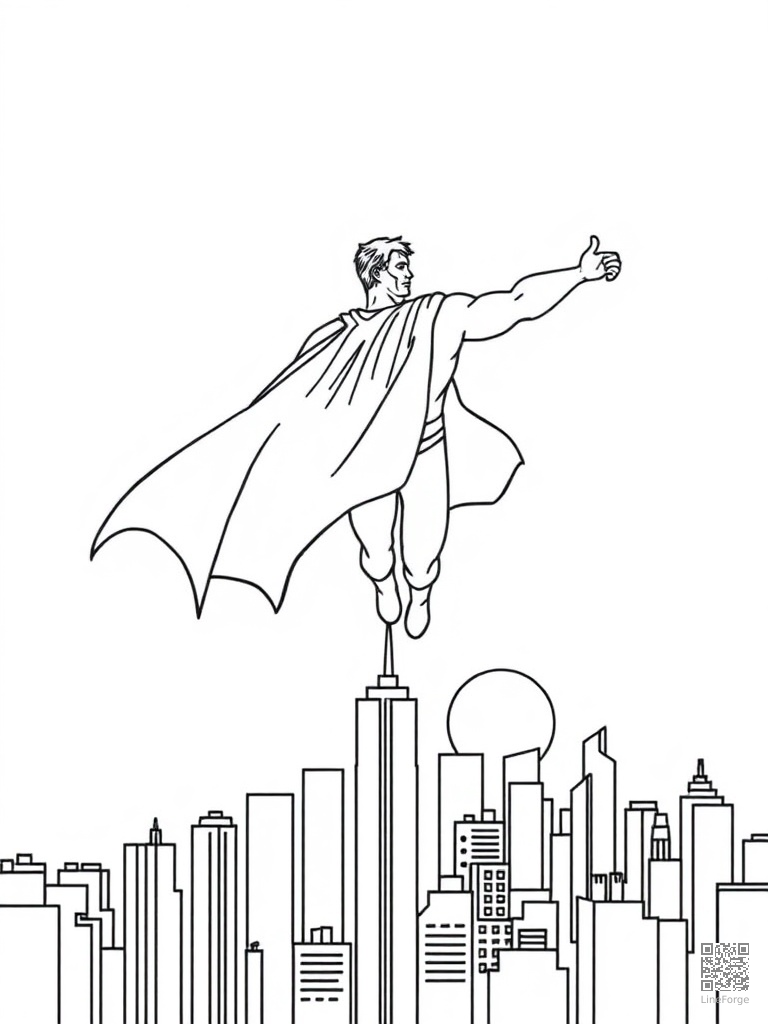 Caped superhero flying over a city skyline at sunset coloring page Minimal style - free printable