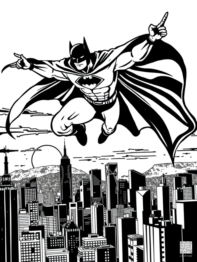 Free caped superhero flying over a city skyline at sunset coloring page in woodcut style — printable line art