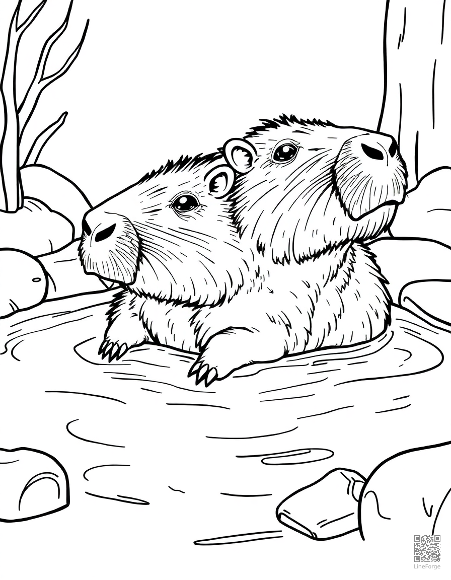 capybara relaxing in a hot spring coloring page Contour style - free printable