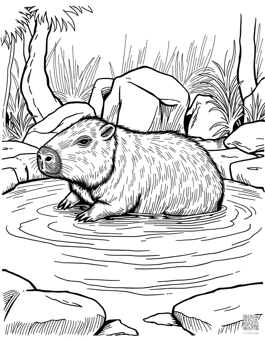 capybara relaxing in a hot spring coloring page Crosshatch style - free printable