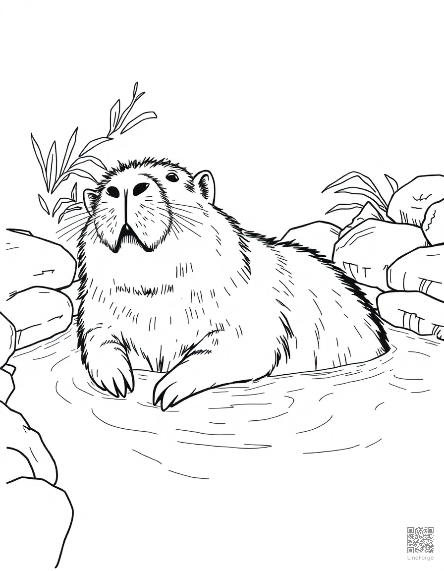 capybara relaxing in a hot spring coloring page Manga style - free printable