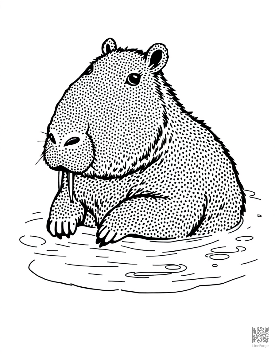 capybara relaxing in a hot spring coloring page Stipple style - free printable