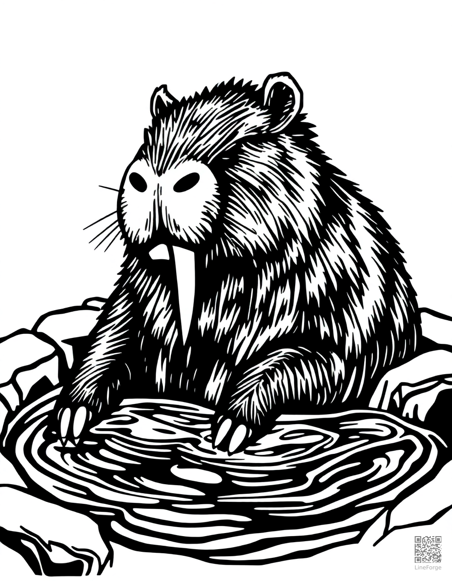 capybara relaxing in a hot spring coloring page Woodcut style - free printable