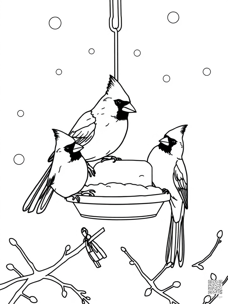 Cardinal birds at a winter bird feeder in snow coloring page Contour style - free printable