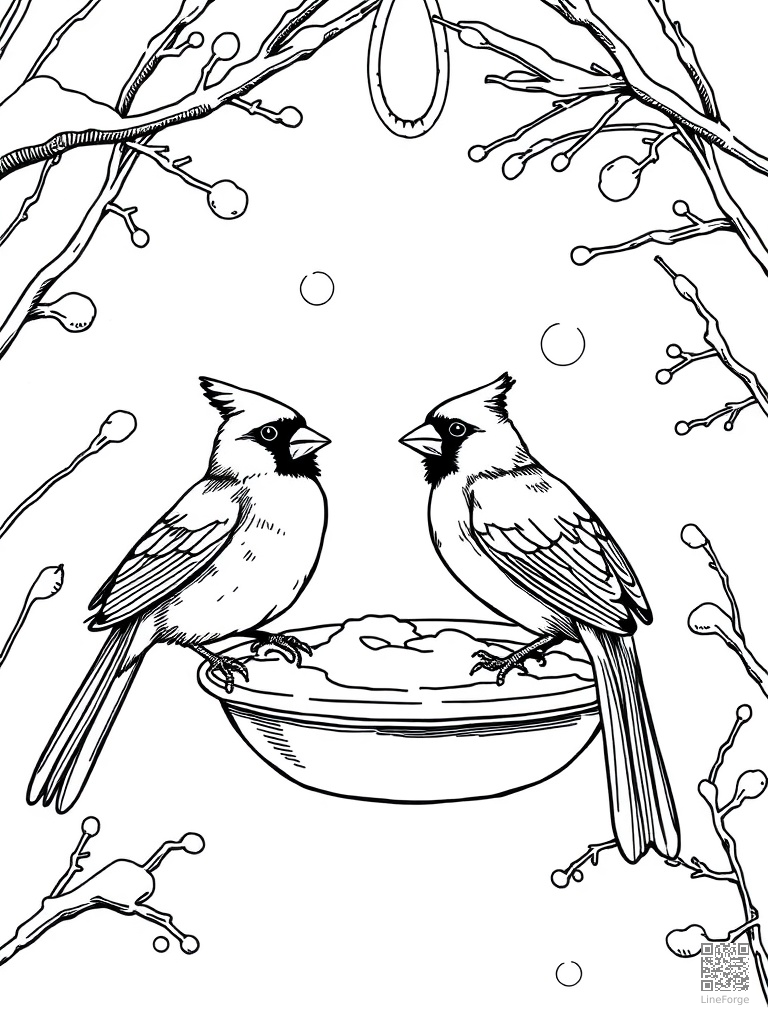 Cardinal birds at a winter bird feeder in snow coloring page Crosshatch style - free printable