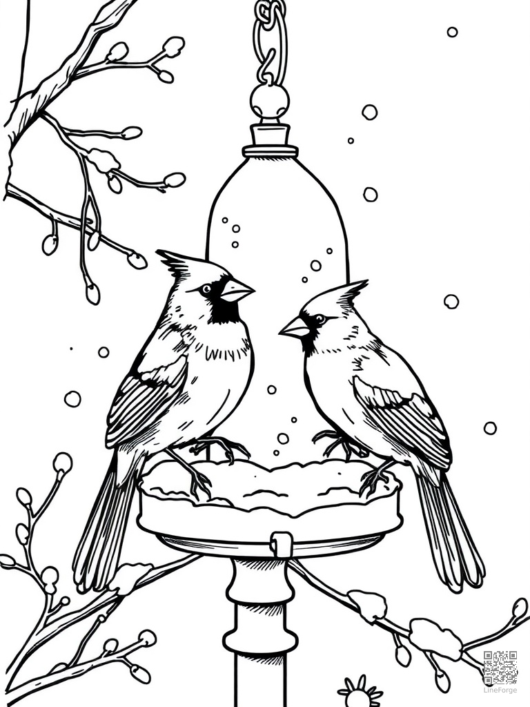 Cardinal birds at a winter bird feeder in snow coloring page Manga style - free printable