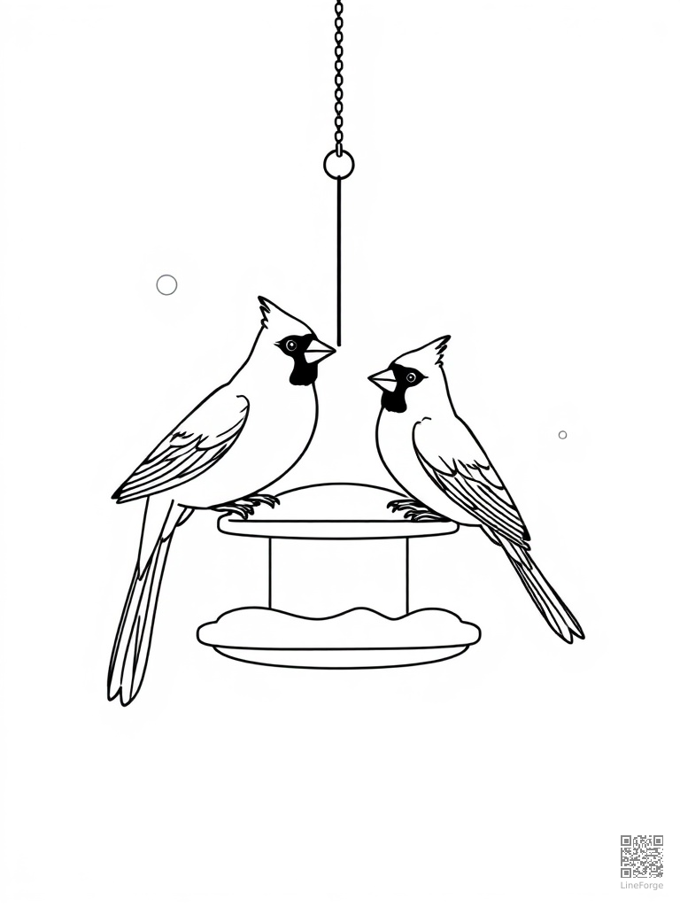 Cardinal birds at a winter bird feeder in snow coloring page Minimal style - free printable
