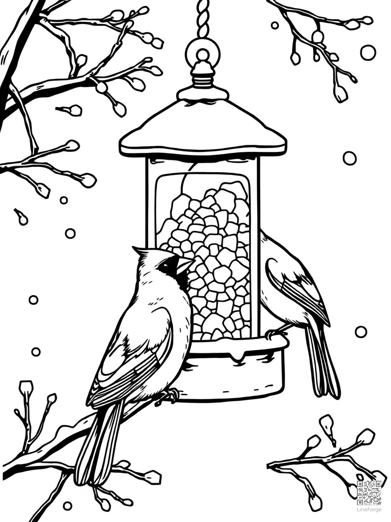 Cardinal birds at a winter bird feeder in snow coloring page Woodcut style - free printable