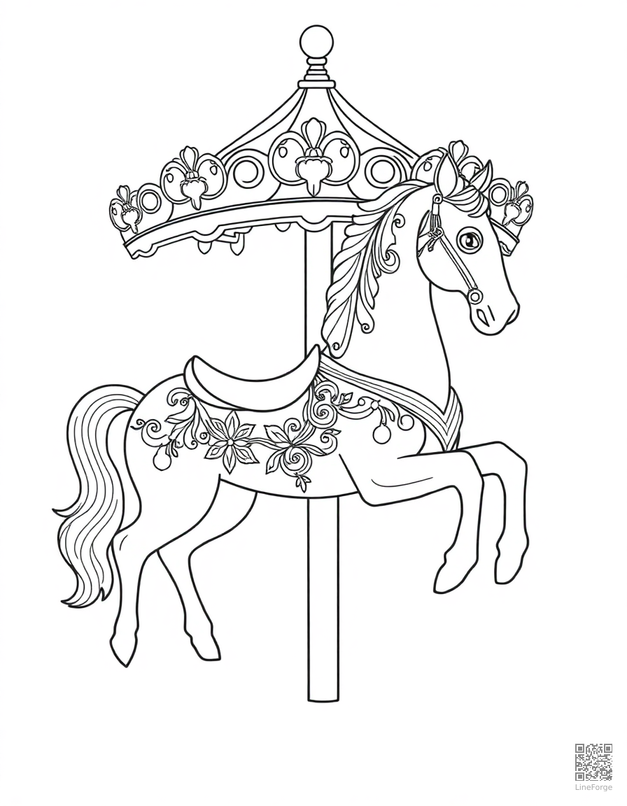 carousel horse with ornate decorations coloring page Contour style - free printable