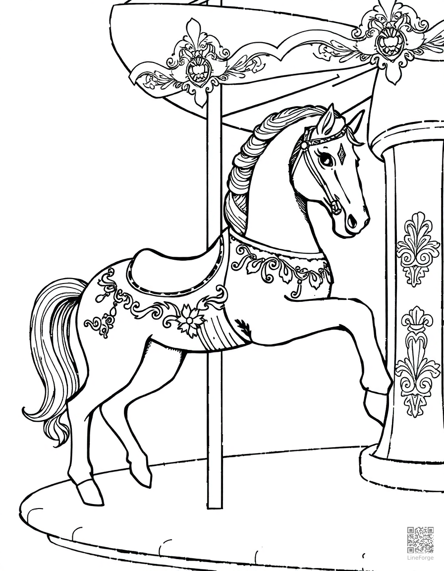 carousel horse with ornate decorations coloring page Crosshatch style - free printable