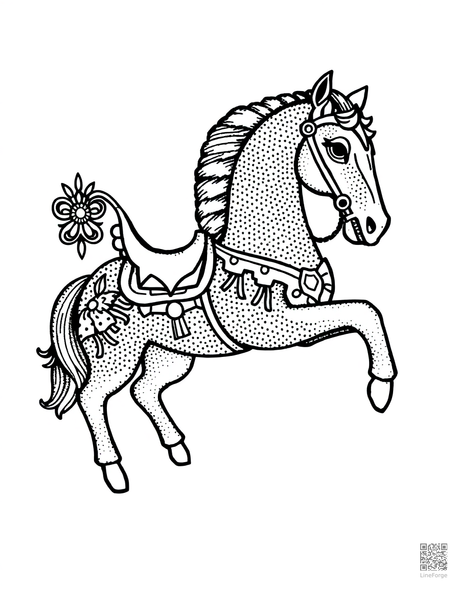 carousel horse with ornate decorations coloring page Stipple style - free printable
