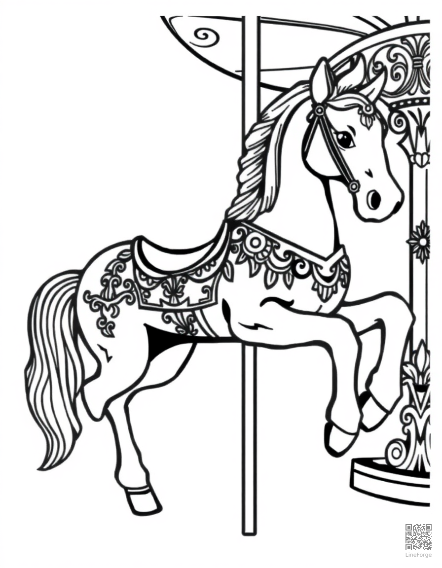 carousel horse with ornate decorations coloring page Woodcut style - free printable