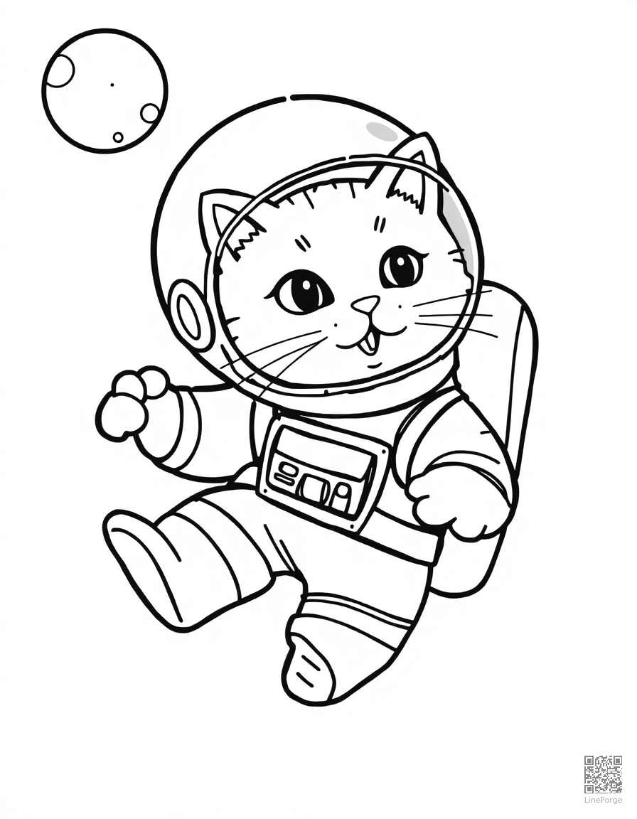 cat astronaut floating in space coloring page Contour style - free printable