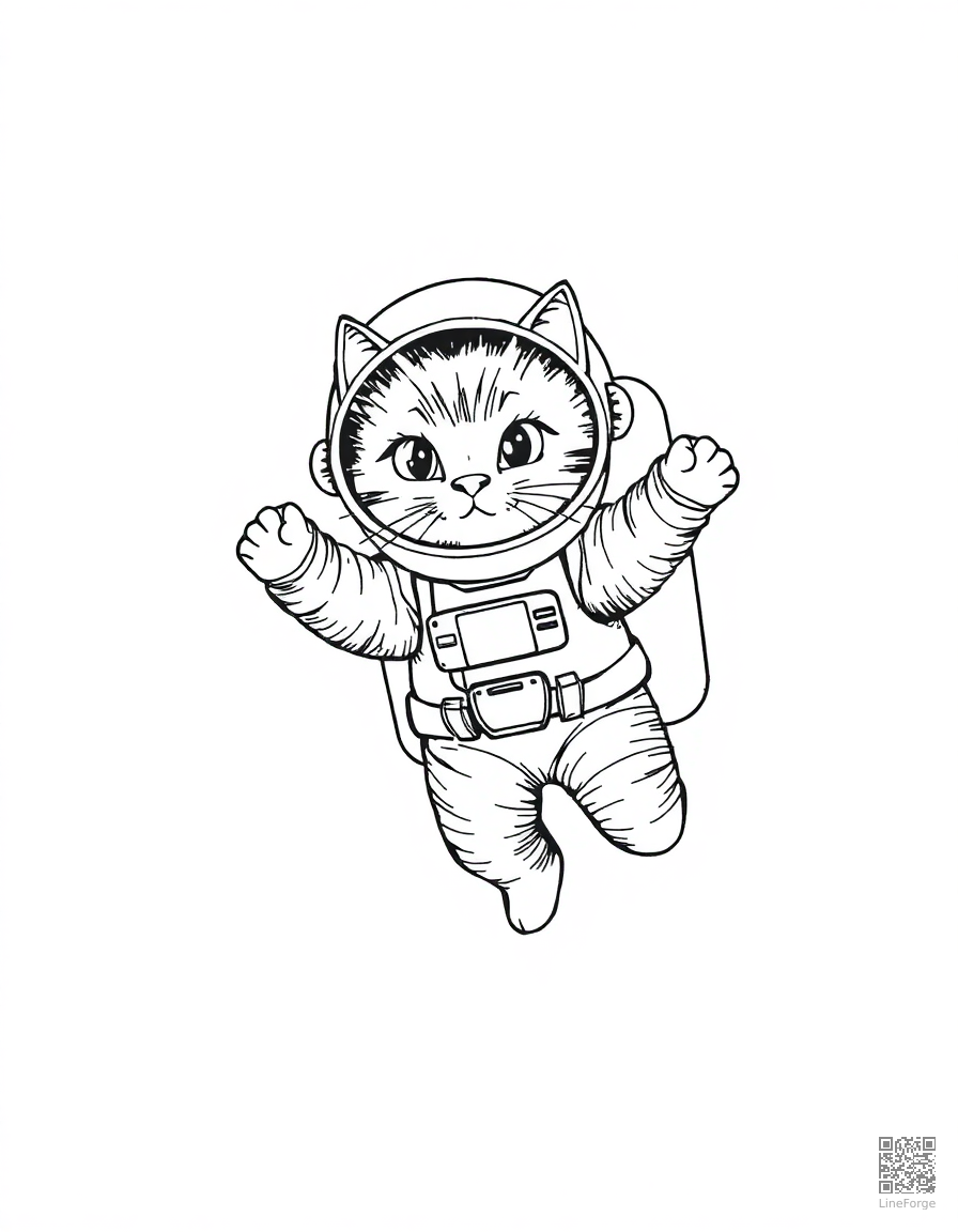 cat astronaut floating in space coloring page Crosshatch style - free printable