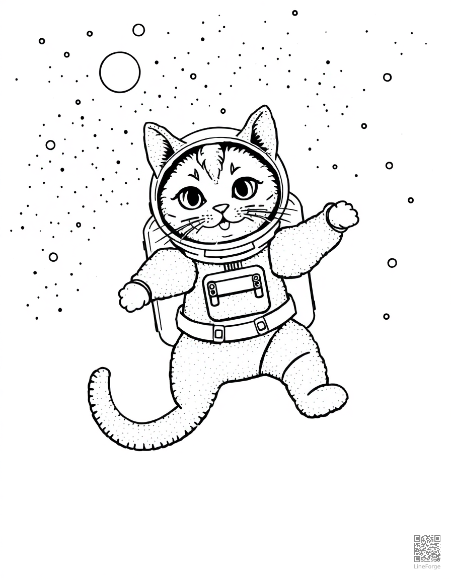 cat astronaut floating in space coloring page Stipple style - free printable