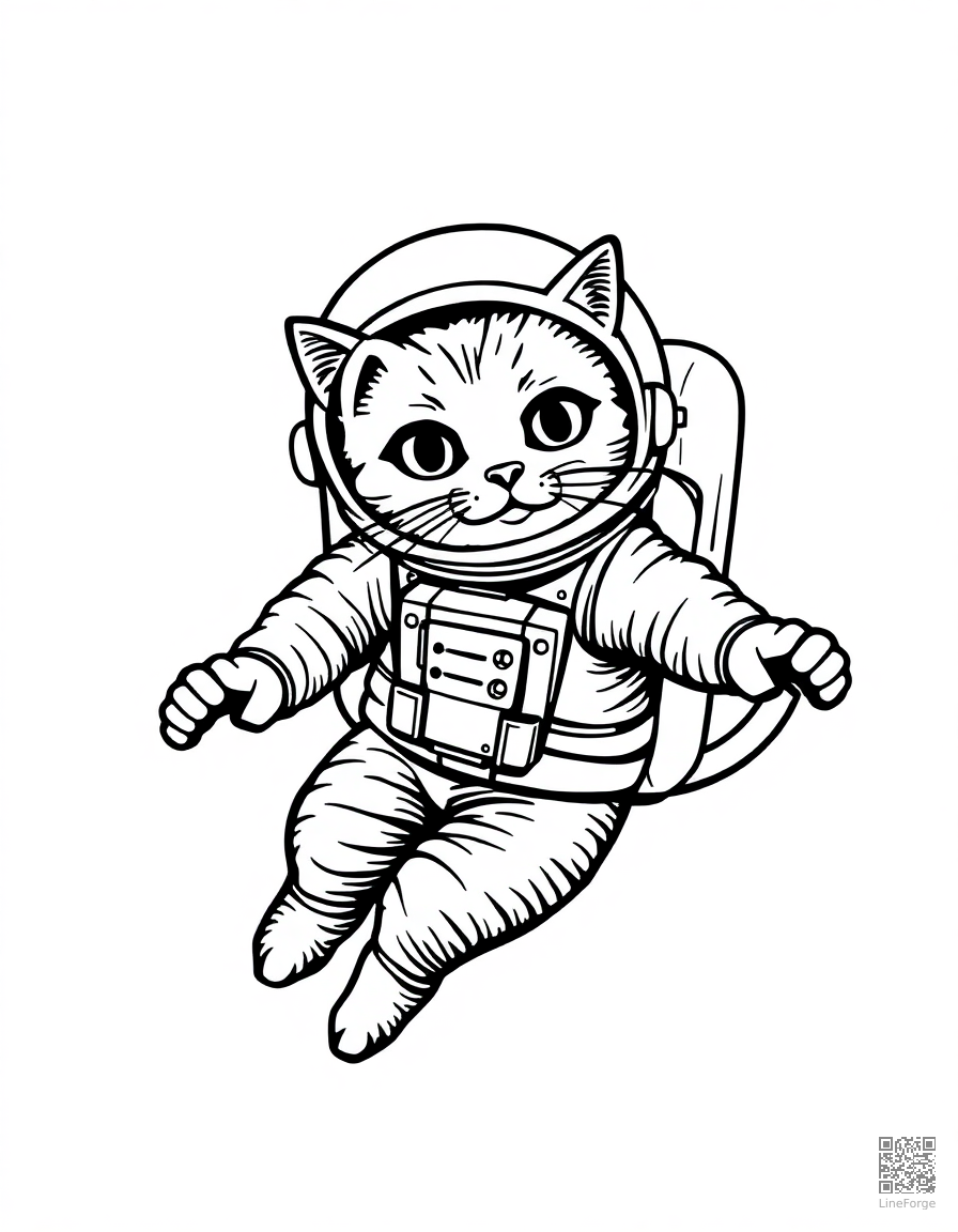 cat astronaut floating in space coloring page Woodcut style - free printable