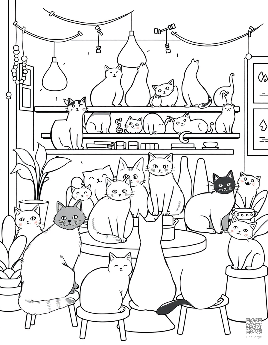 cat cafe with cats on every surface coloring page Contour style - free printable