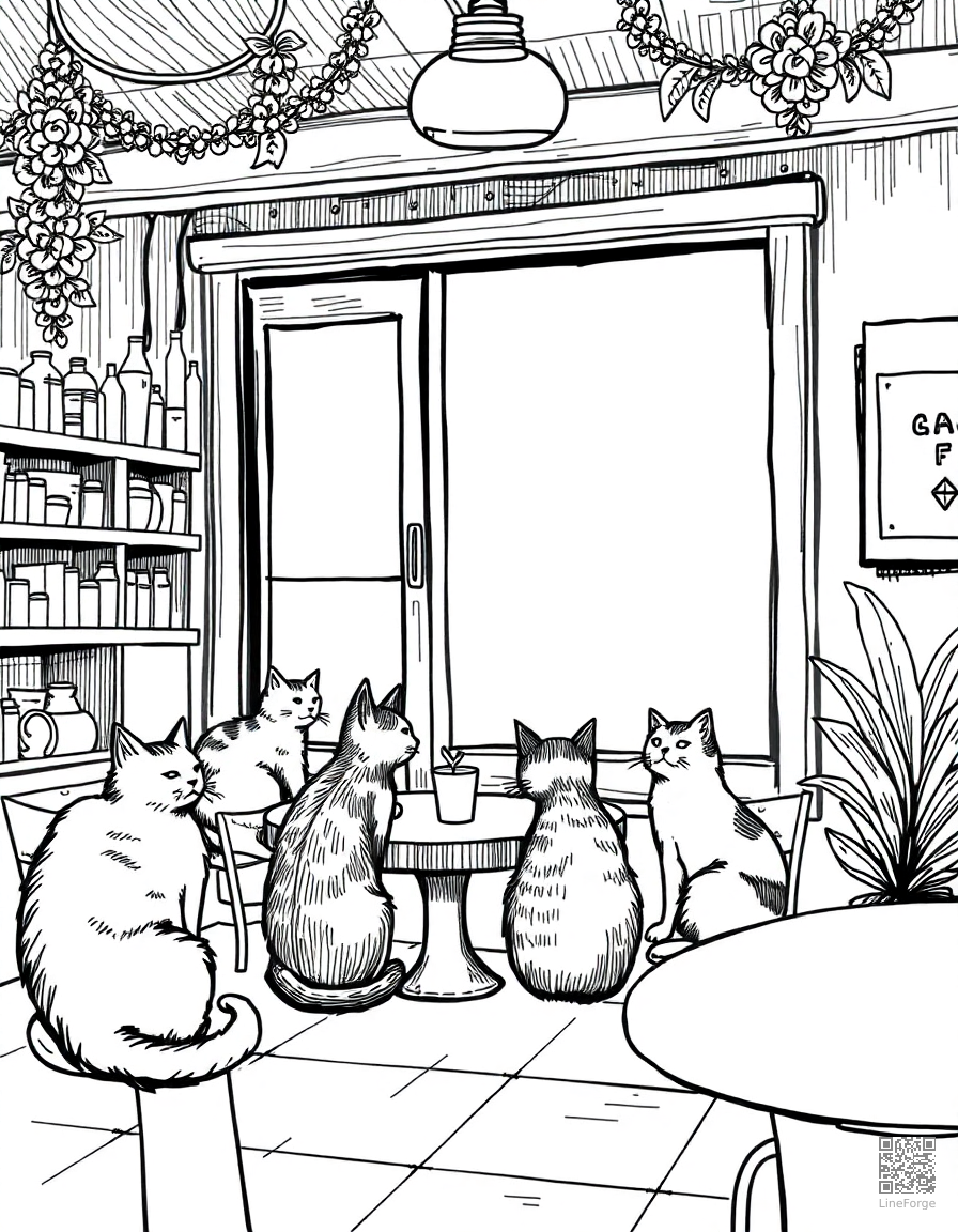 cat cafe with cats on every surface coloring page Crosshatch style - free printable
