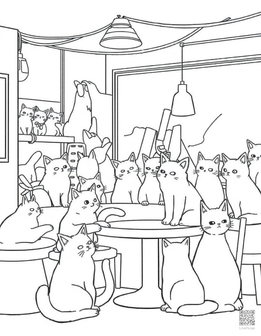 cat cafe with cats on every surface coloring page Manga style - free printable