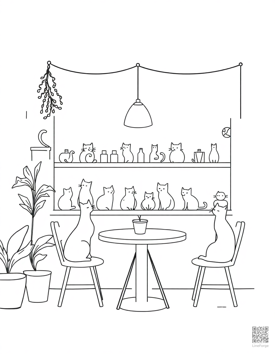 cat cafe with cats on every surface coloring page Minimal style - free printable