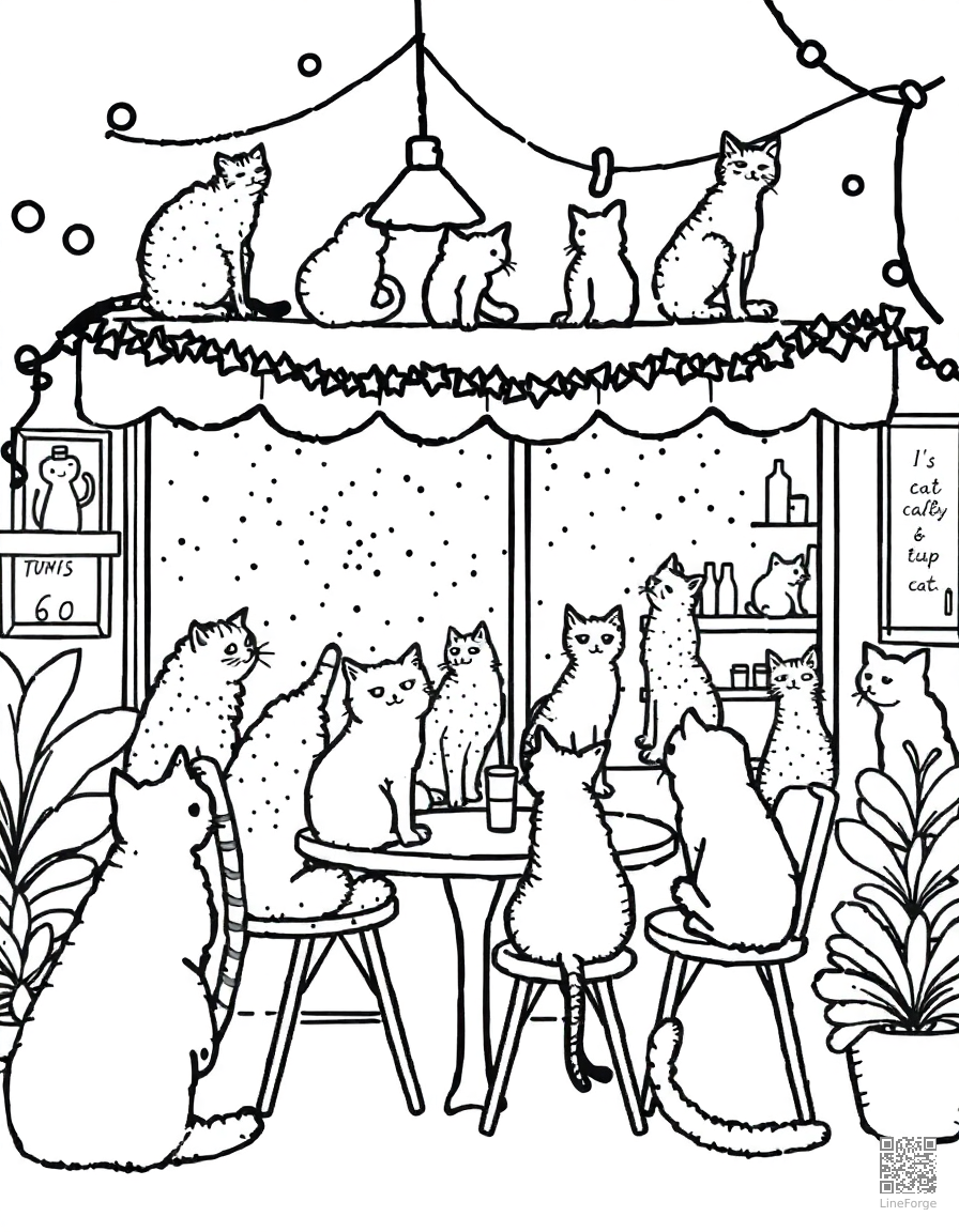 cat cafe with cats on every surface coloring page Stipple style - free printable