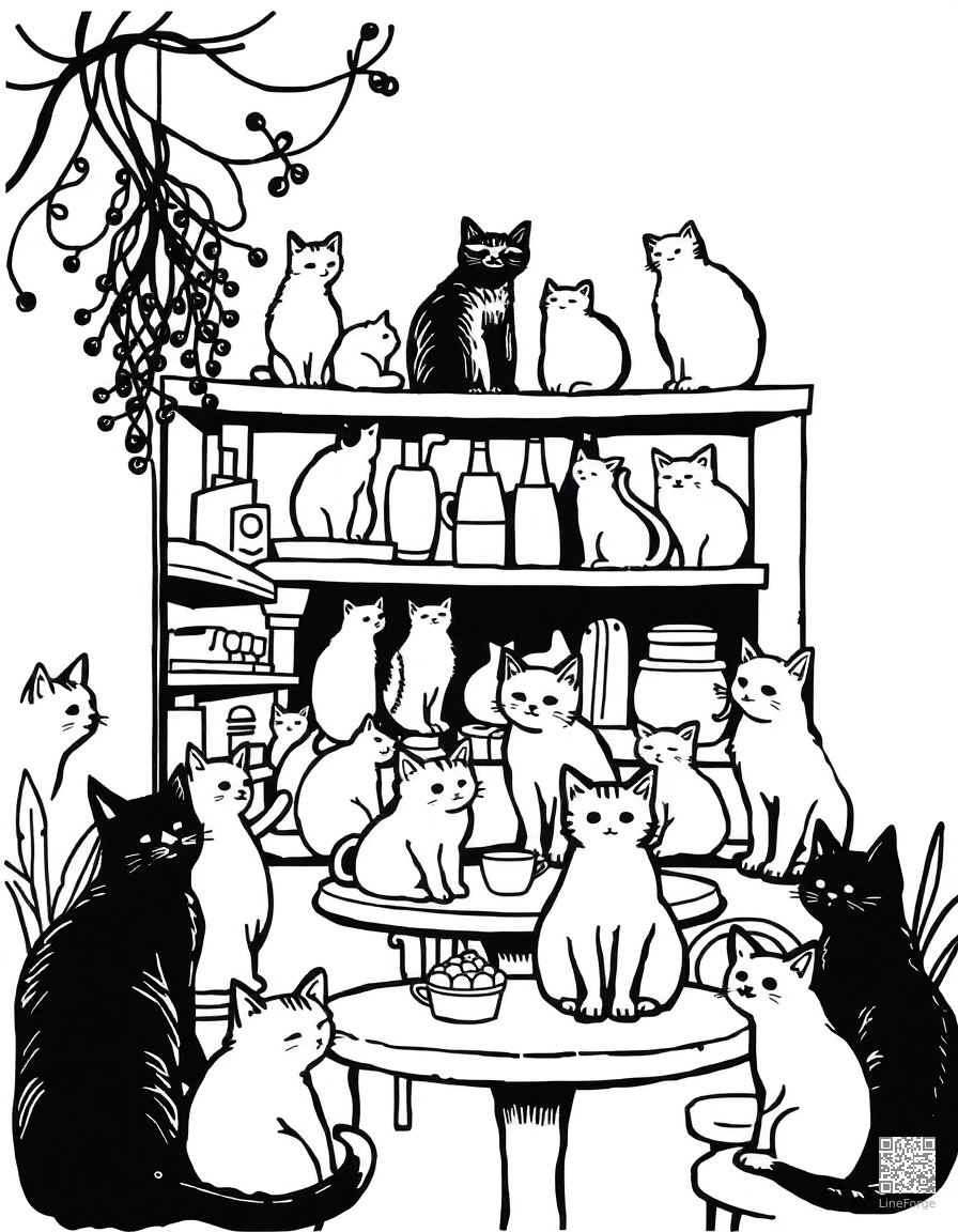 cat cafe with cats on every surface coloring page Woodcut style - free printable