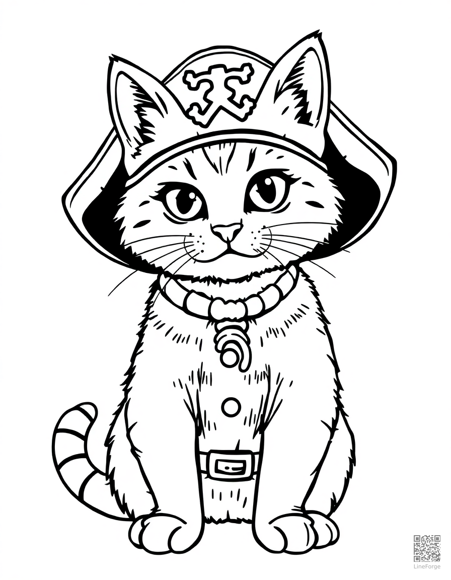 cat dressed as a pirate captain coloring page Contour style - free printable