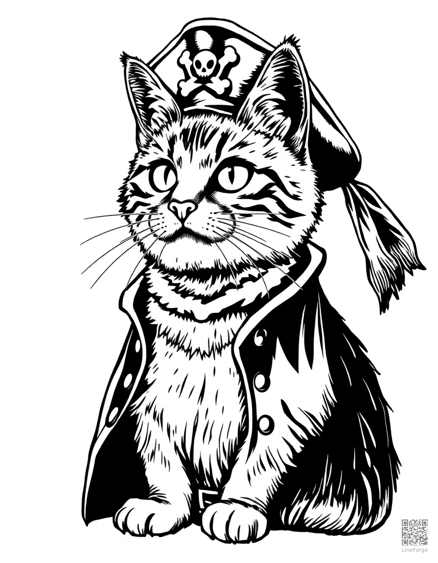cat dressed as a pirate captain coloring page Crosshatch style - free printable