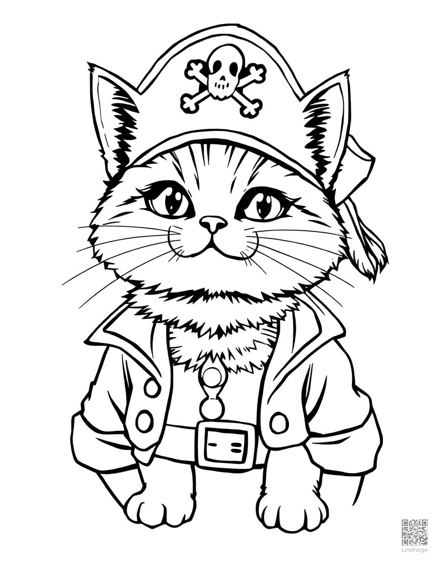 cat dressed as a pirate captain coloring page Manga style - free printable