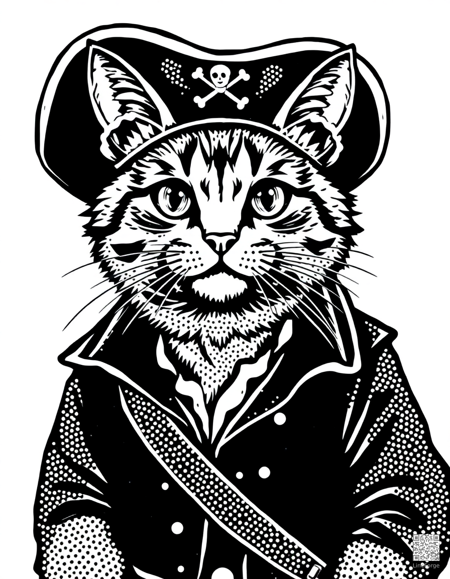 cat dressed as a pirate captain coloring page Stipple style - free printable