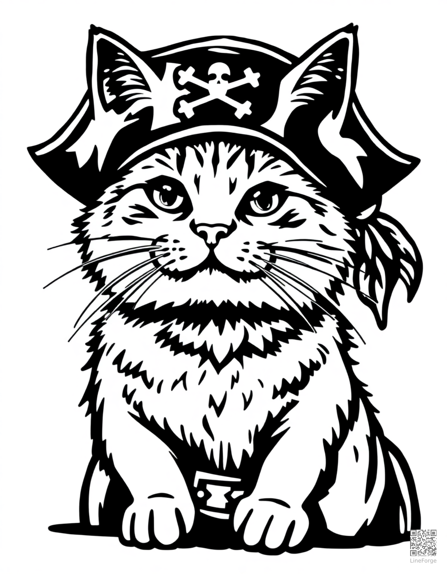 cat dressed as a pirate captain coloring page Woodcut style - free printable