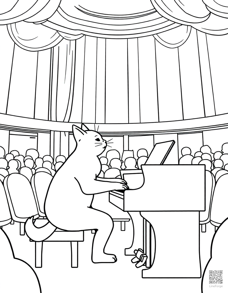 cat playing piano in a concert hall coloring page Contour style - free printable