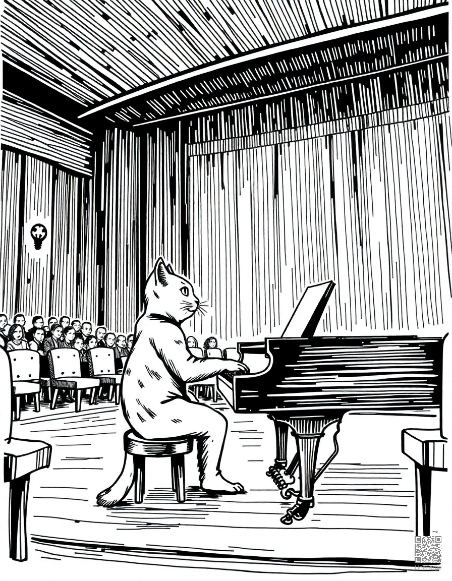 cat playing piano in a concert hall coloring page Crosshatch style - free printable