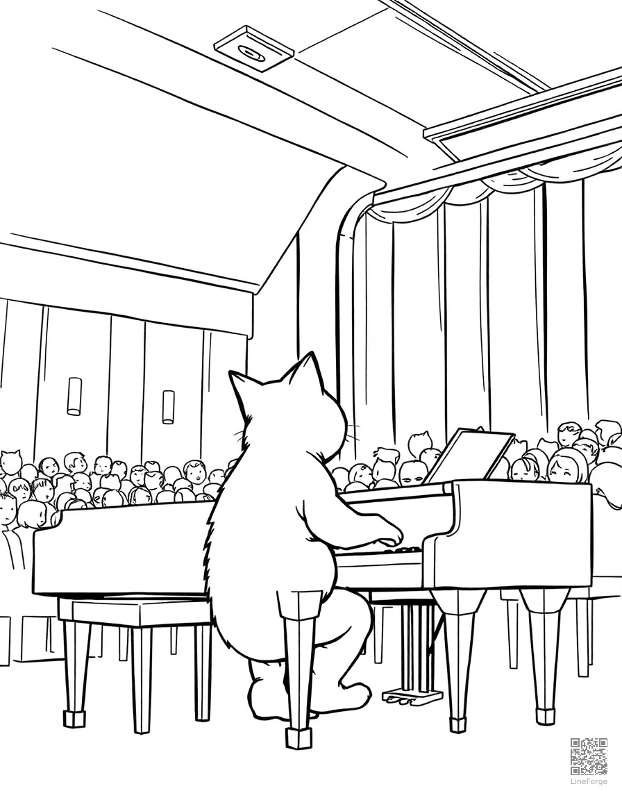 cat playing piano in a concert hall coloring page Manga style - free printable